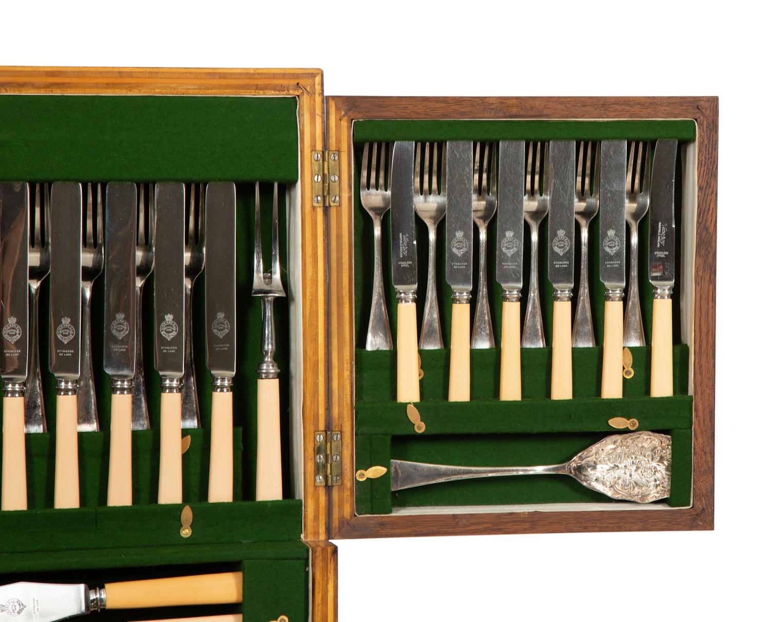 An Extensive Silver-Plate Flatware and Tea Service in a Fitted Wooden Case on Mahogany Stand