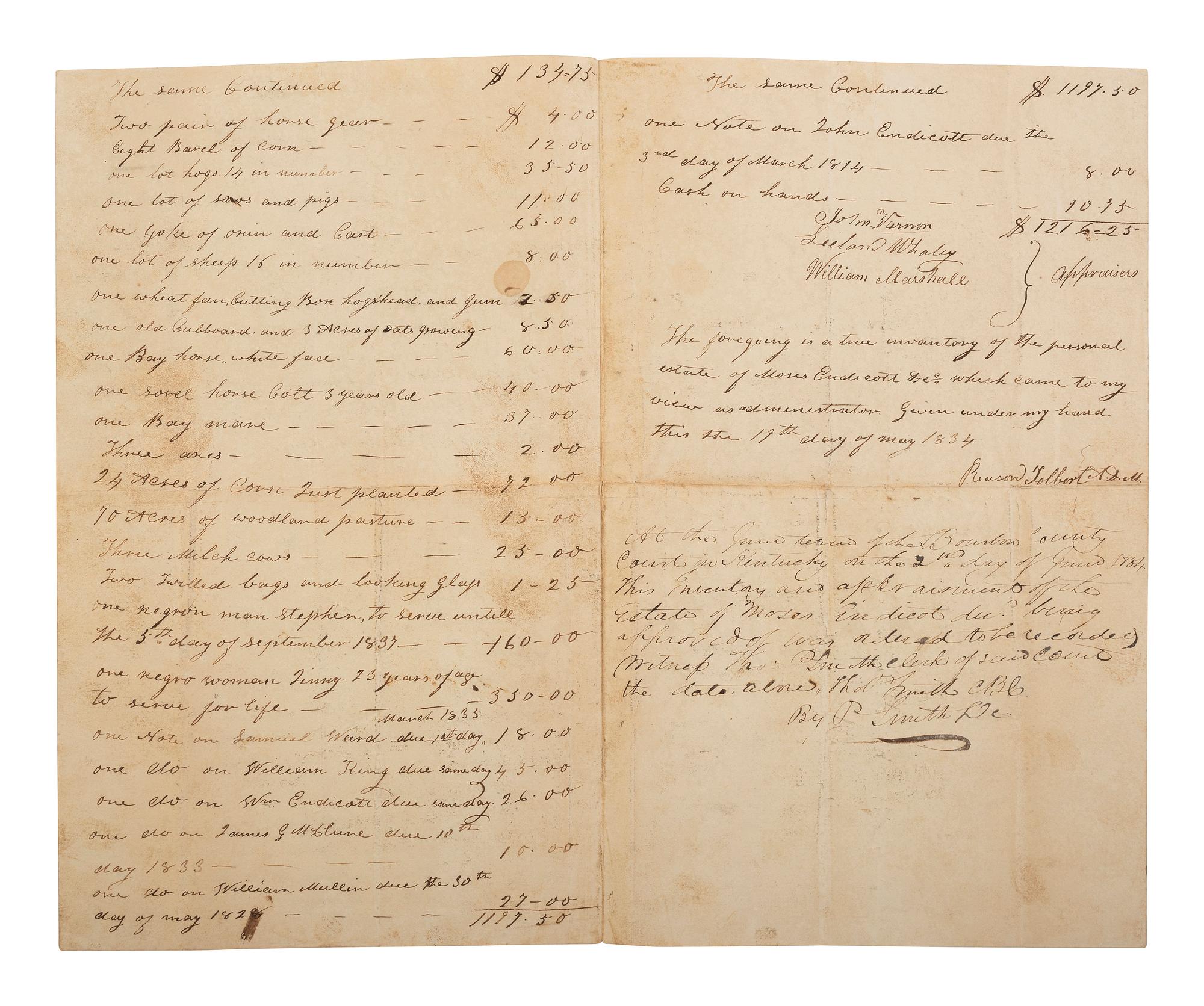 [ENSLAVEMENT & ABOLITION]. Bill of appraisement of the estate of Revolutionary War soldier Moses Endicott, listing two enslaved persons. Bourbon County, KY, 19 May 1834.