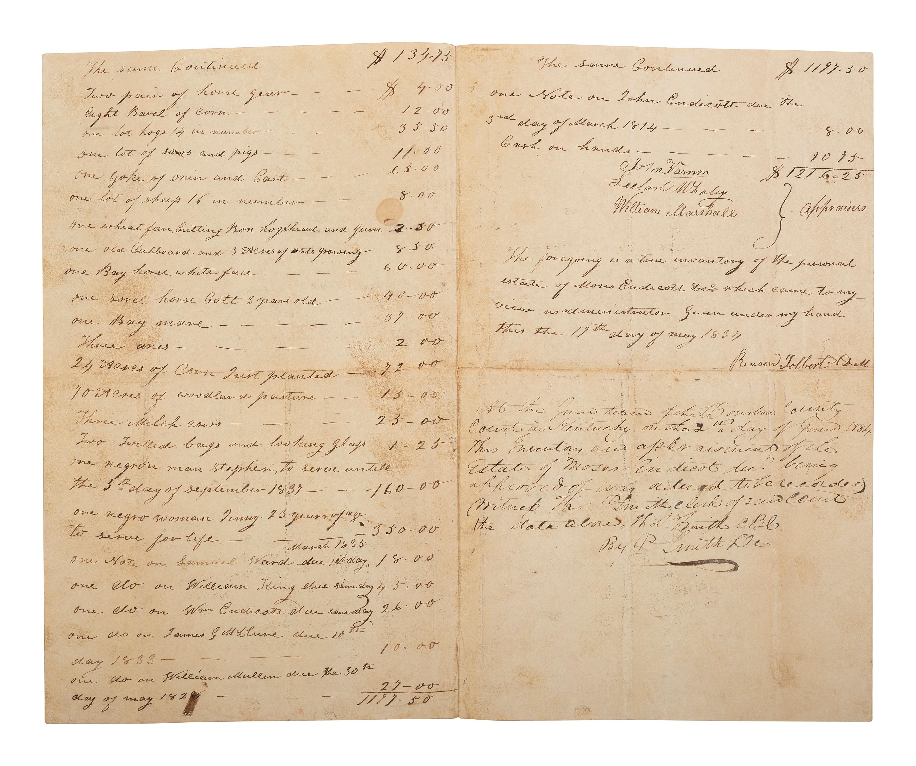 [ENSLAVEMENT & ABOLITION]. Bill of appraisement of the estate of Revolutionary War soldier Moses Endicott, listing two enslaved persons. Bourbon County, KY, 19 May 1834.