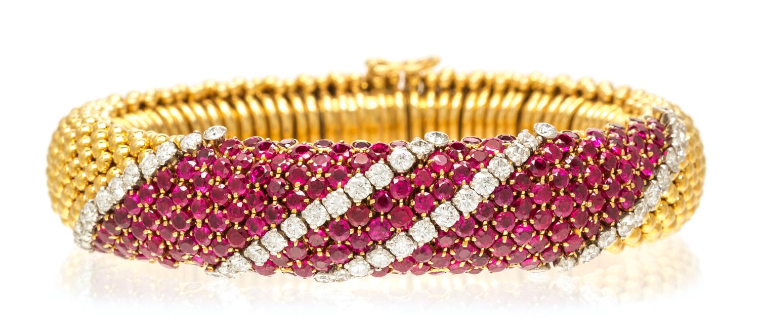 A Vintage 18 Karat Yellow Gold, Ruby and Diamond Bracelet, 56.80 dwts.