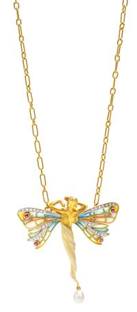 An 18 Karat Yellow Gold, Diamond, Ruby, Cultured Pearl and Polychrome Plique-a-Jour Pendant, Masriera, 19.70 dwts.
