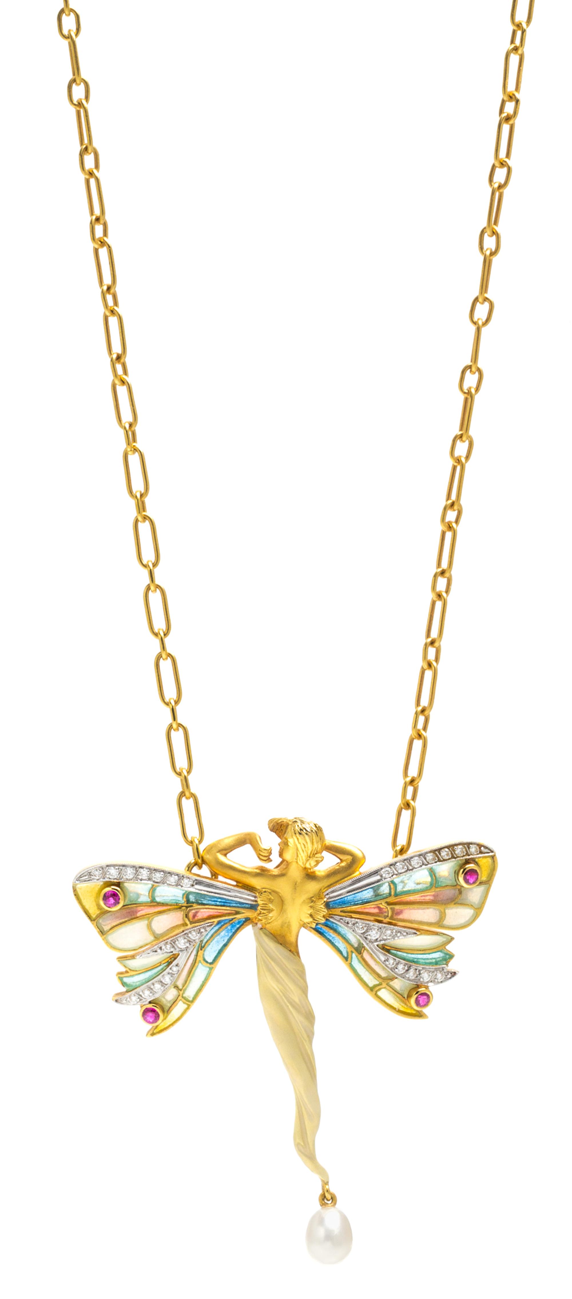 An 18 Karat Yellow Gold, Diamond, Ruby, Cultured Pearl and Polychrome Plique-a-Jour Pendant, Masriera, 19.70 dwts.