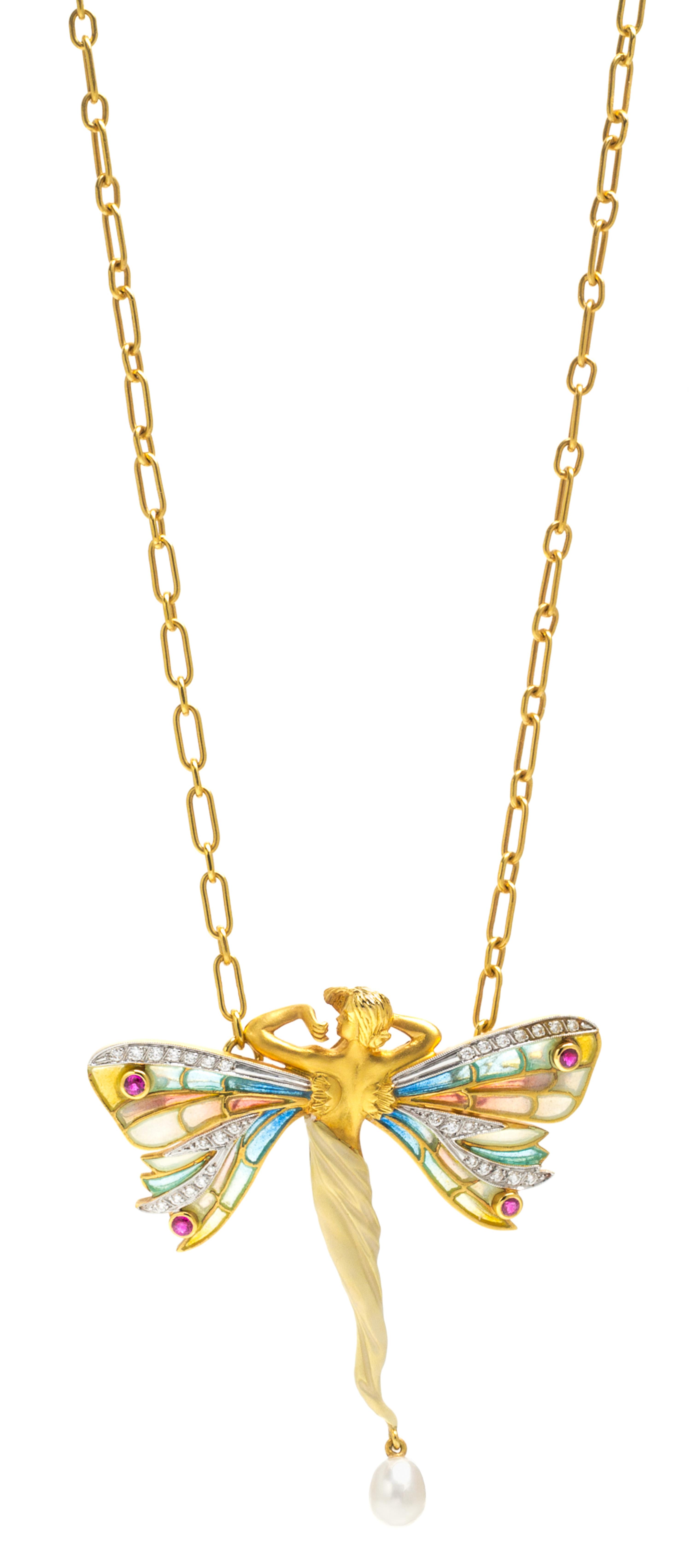 An 18 Karat Yellow Gold, Diamond, Ruby, Cultured Pearl and Polychrome Plique-a-Jour Pendant, Masriera, 19.70 dwts.
