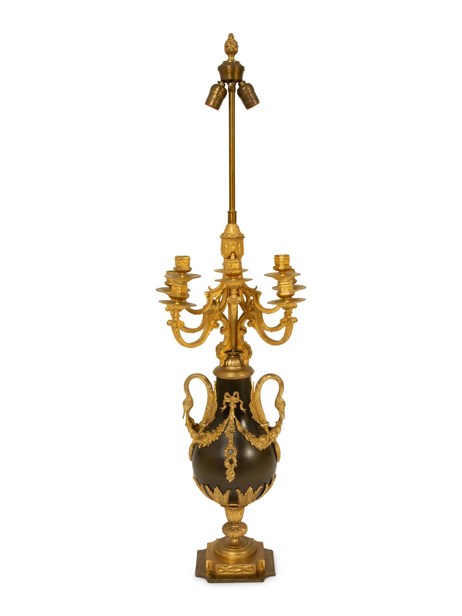 A French Empire Style Bronze and Gilt Bronze Table Lamp with Six Candle Arms — 20TH CENTURY
