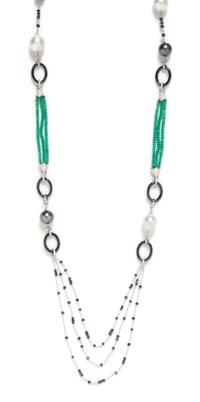 An 18 Karat White Gold, Cultured Pearl, Diamond, Black Diamond, Emerald and Onyx Longchain, 43.10 dwts.