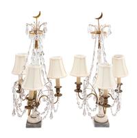 A Pair of French Gilt Brass, Marble and Cut Glass Candelabra Mounted as Lamps