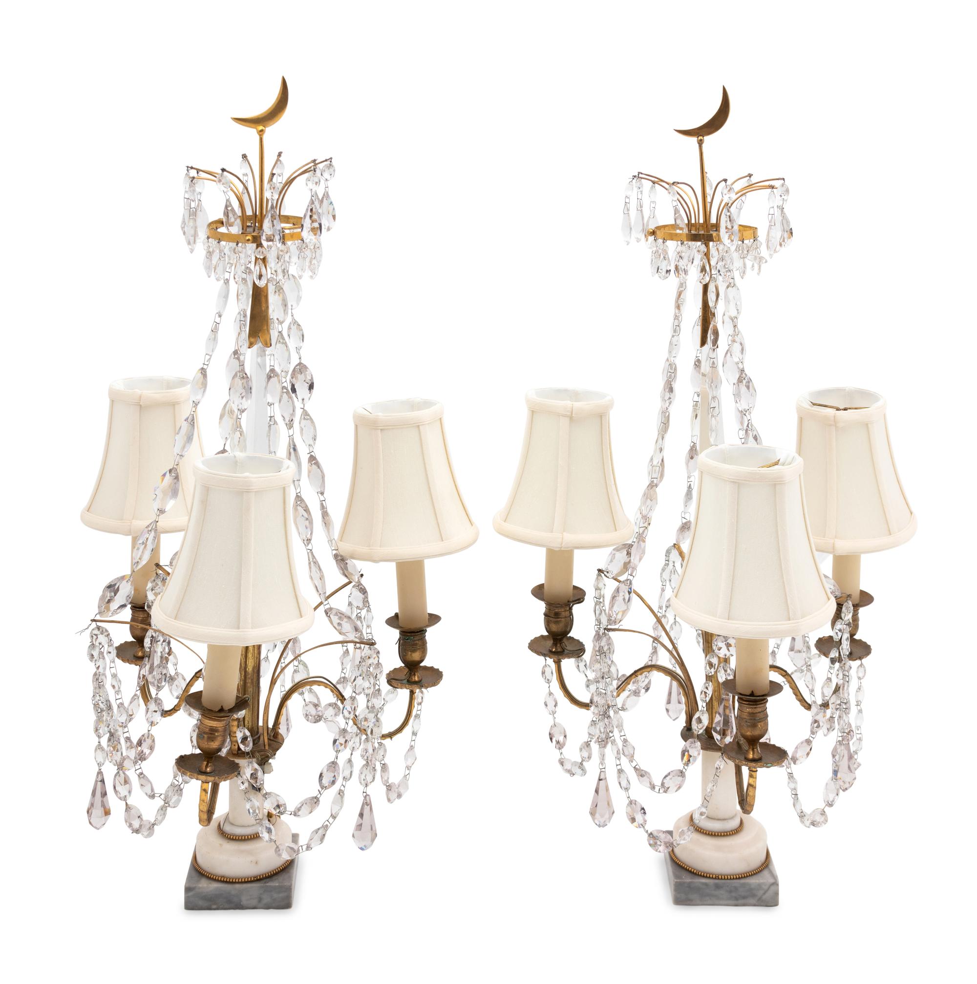 A Pair of French Gilt Brass, Marble and Cut Glass Candelabra Mounted as Lamps