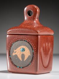Micaceous Three-Toned Lidded Pottery Box, with Turquoise and Heishi