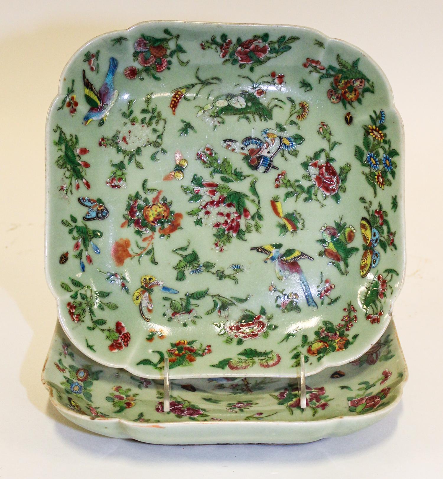 A Pair of Famille Rose Porcelain Plates Length of each 9 3/4 x width 9 3/4 inches.
