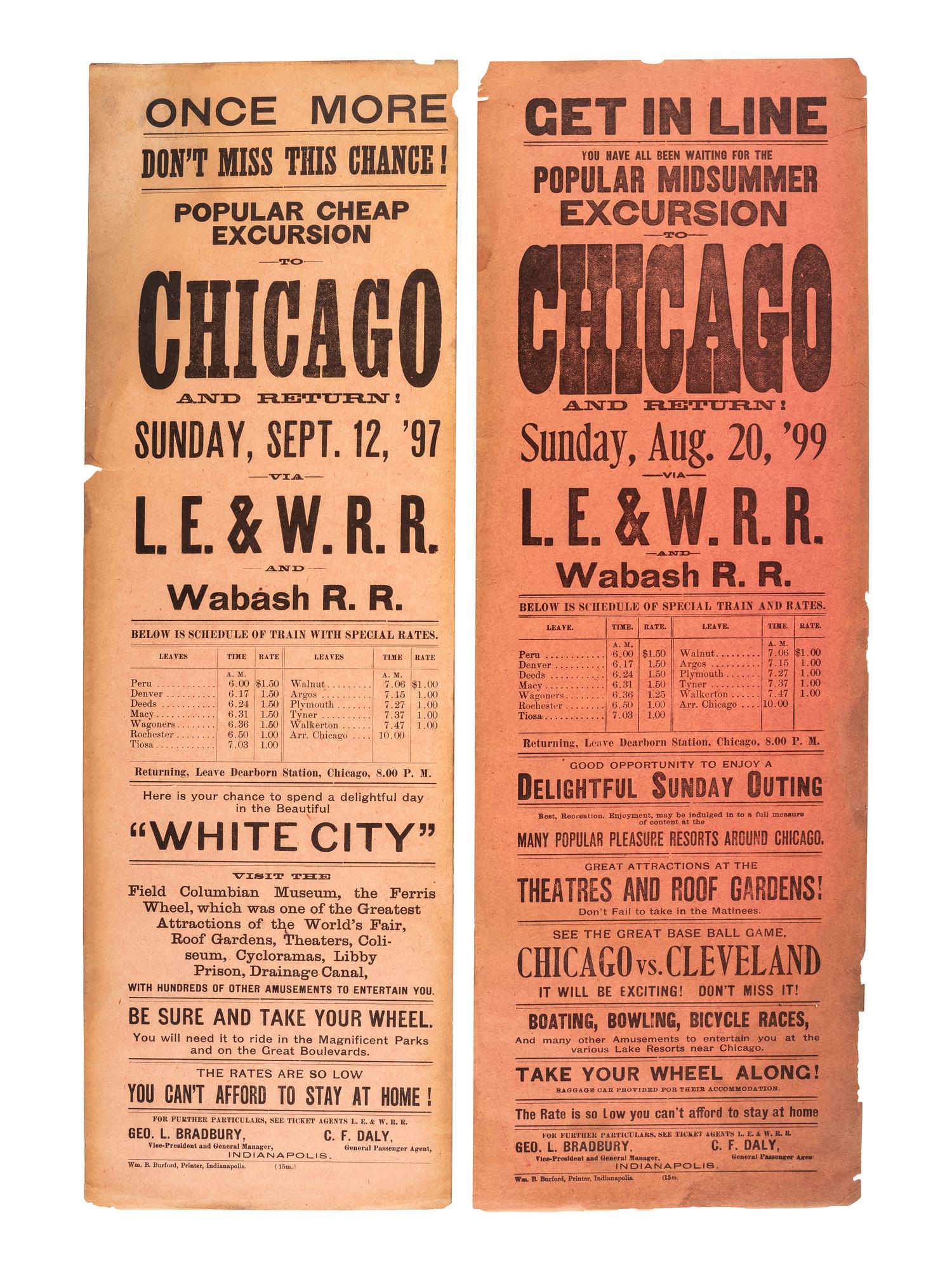 [CHICAGO]. A pair of broadsides advertising trips to Chicago via the Lake Erie & Western Railroad and Wabash Railroad, comprising: