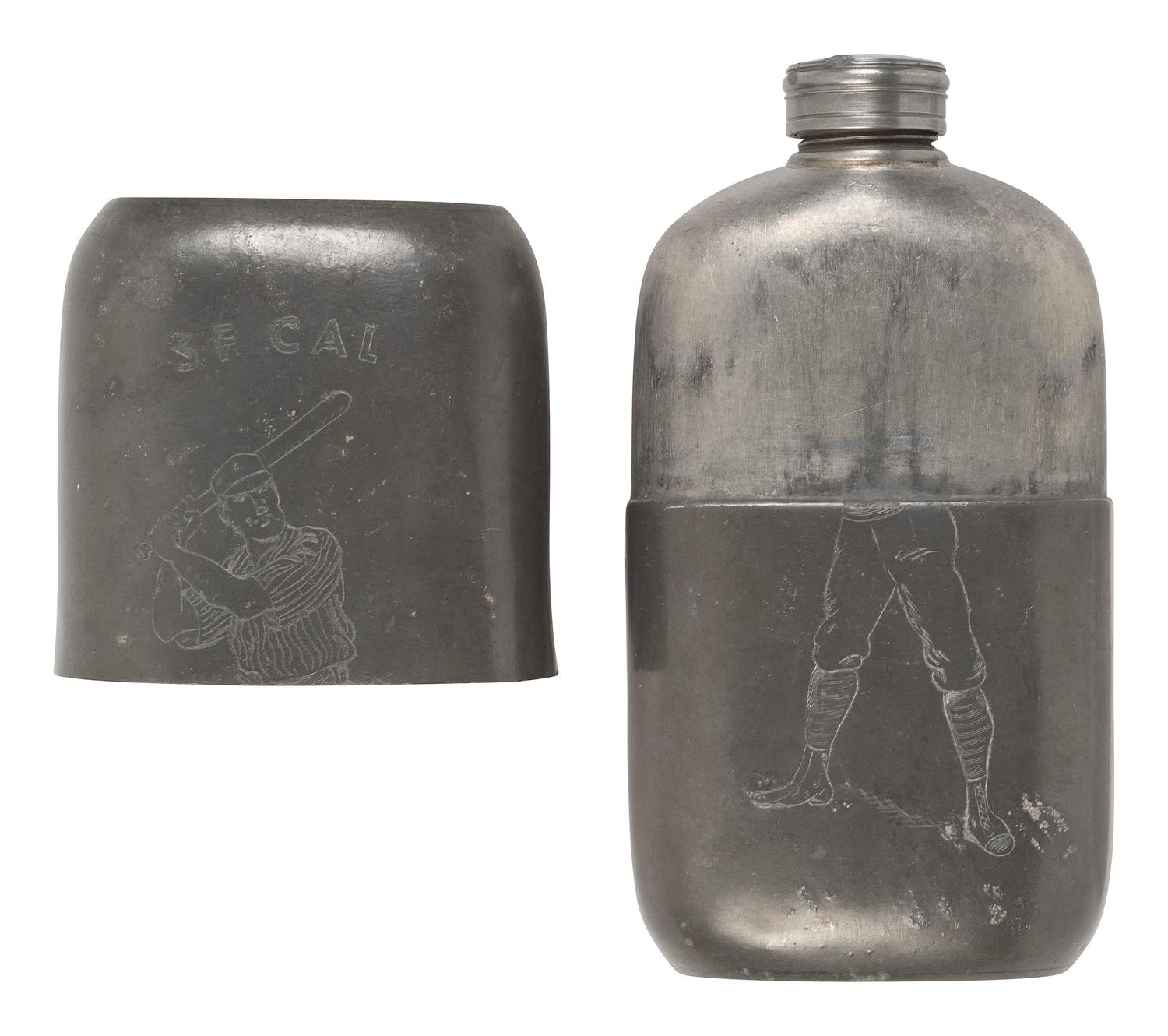 [SPORTS]. Antique pewter flask featuring illustration of a baseball player, San Francisco, CA.