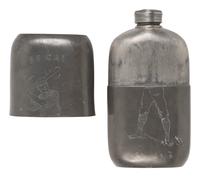 [SPORTS]. Antique pewter flask featuring illustration of a baseball player, San Francisco, CA.