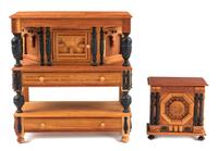 Two Jacobean Style Furniture Articles Height of first 4 3/4 x width 4 1/4 x depth 1 3/4 inches. — Warren Dick, 1974