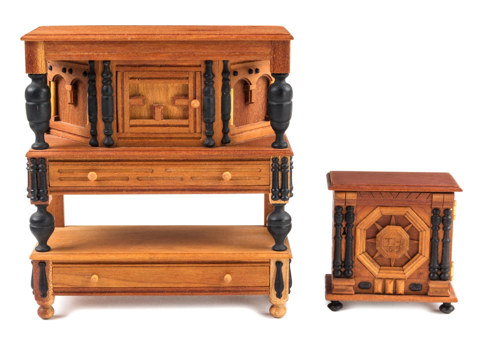 Two Jacobean Style Furniture Articles Height of first 4 3/4 x width 4 1/4 x depth 1 3/4 inches. — Warren Dick, 1974