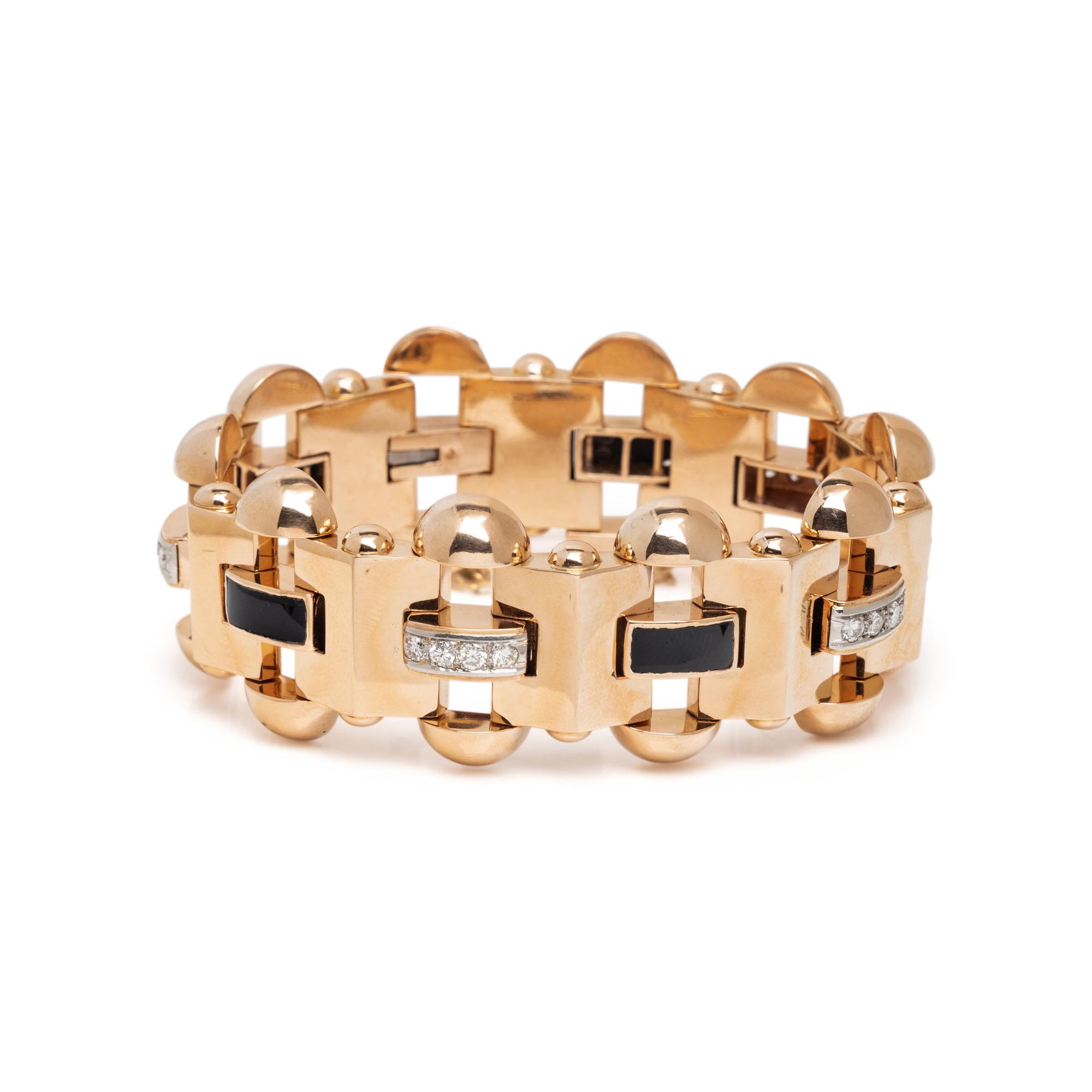 RETRO, ROSE GOLD, DIAMOND, AND ONYX LINK BRACELET