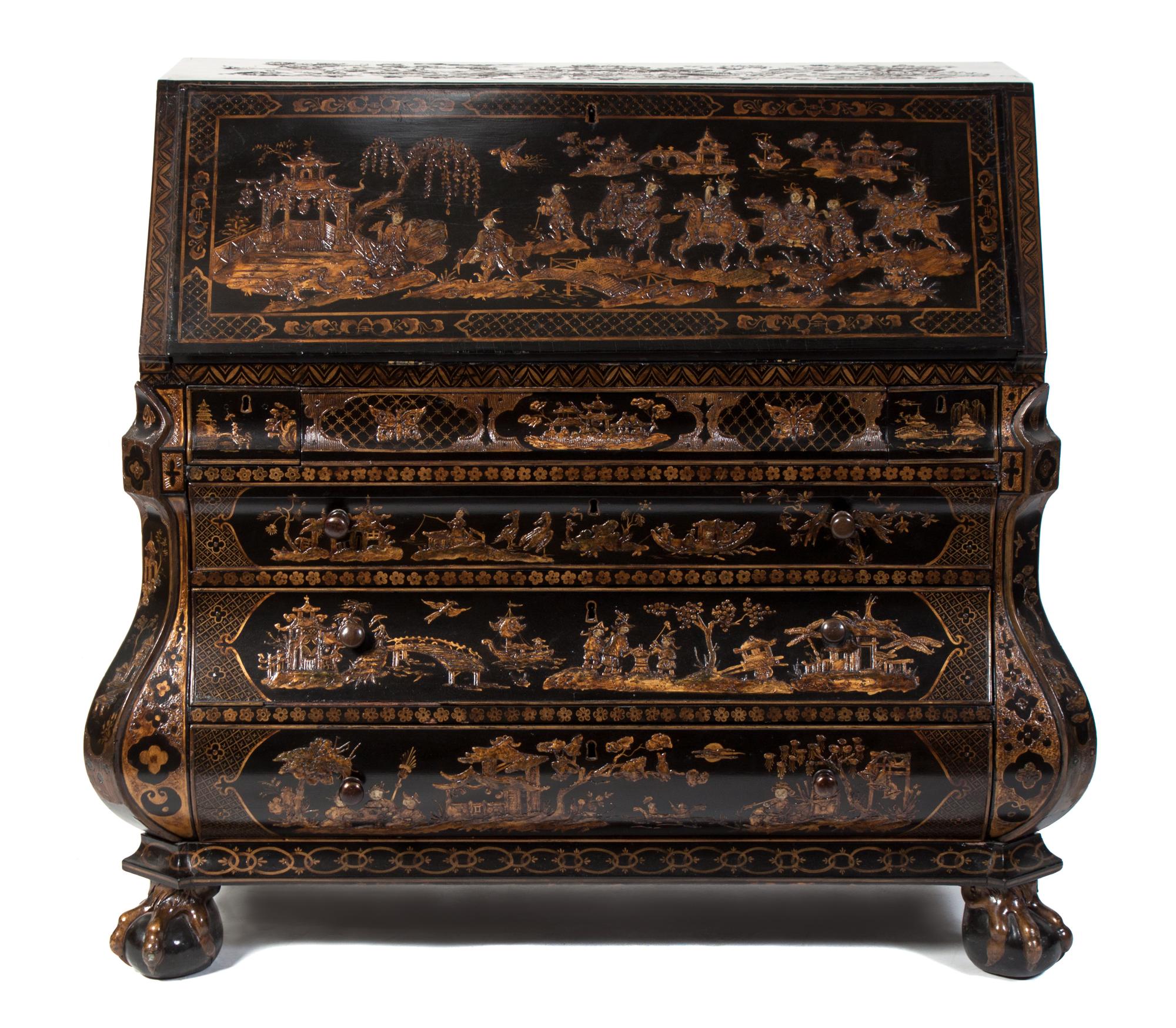 A Georgian Lacquered Slant Front Desk Height 42 x width 42 x depth 24 inches.