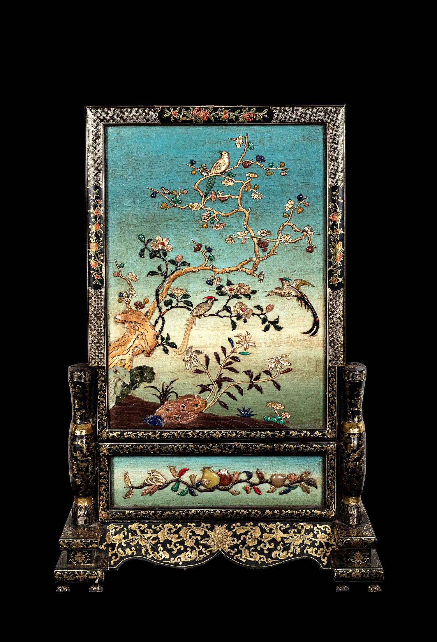 A Large Hardstone Embellished, Gilt and Black Lacquered Wood Screen