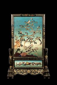 A Large Hardstone Embellished, Gilt and Black Lacquered Wood Screen