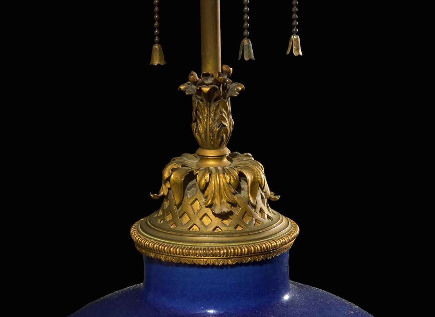 A large Chinese blue-glazed vase, meiping, with fine ormolu lamp mounts 藍釉梅瓶嵌銅