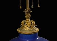 A large Chinese blue-glazed vase, meiping, with fine ormolu lamp mounts 藍釉梅瓶嵌銅