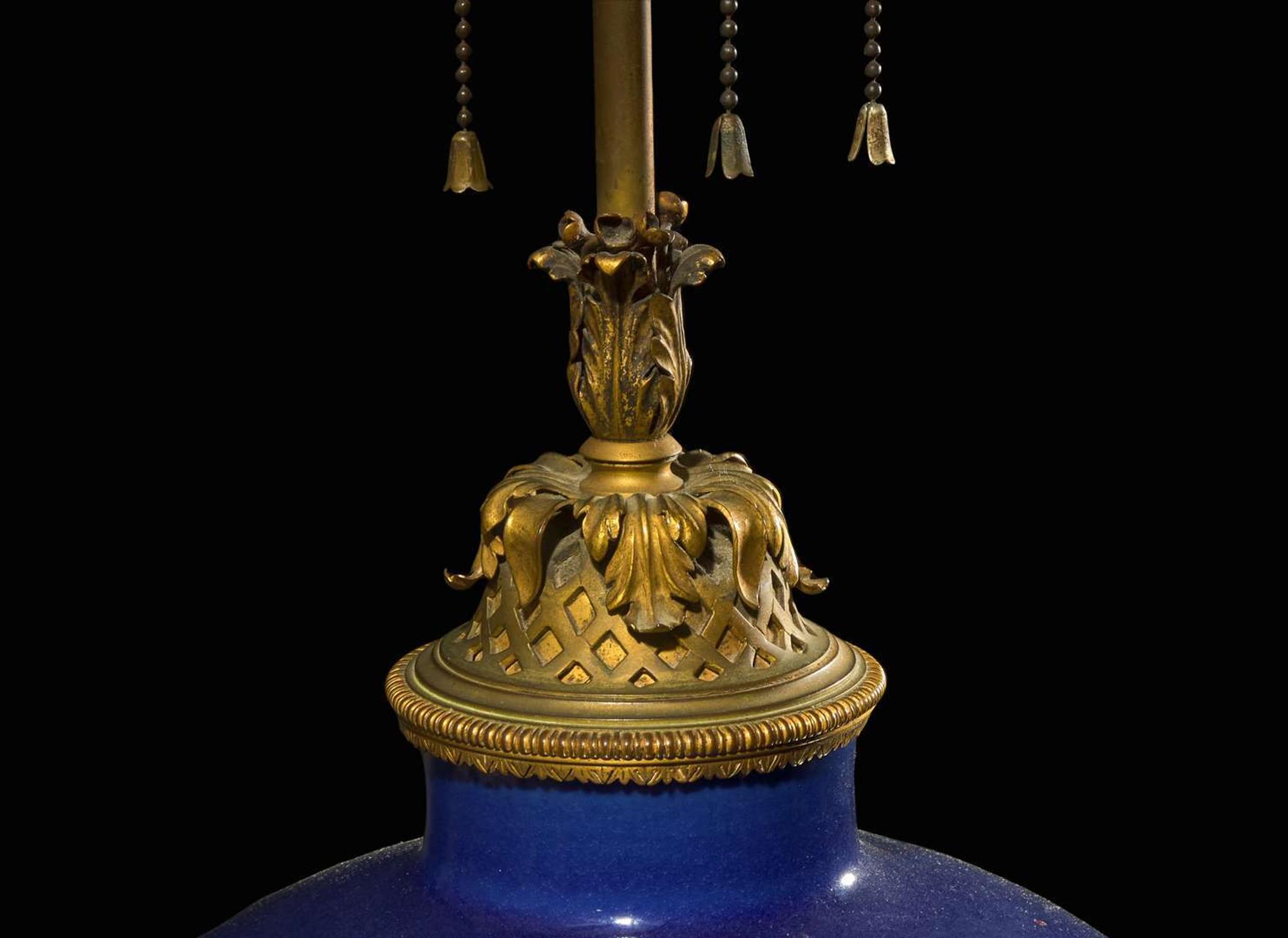 A large Chinese blue-glazed vase, meiping, with fine ormolu lamp mounts 藍釉梅瓶嵌銅