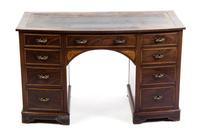 An English Marquetry and Mahogany Bow Front Desk, Height 28 1/2 x width 48 x depth 25 1/2 inches.