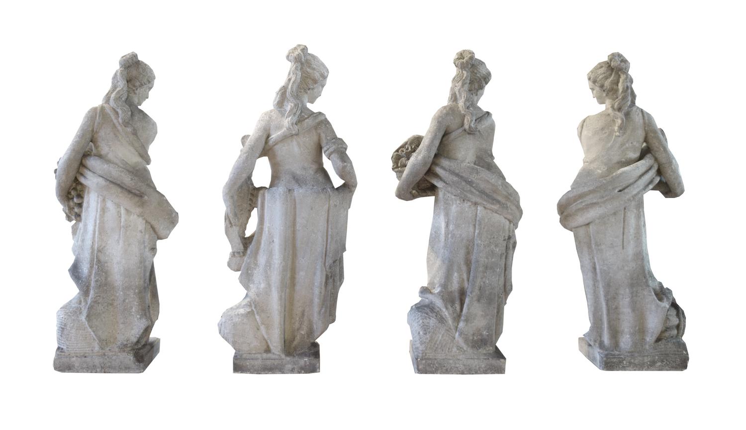 A Set of Four Carved Stone Statues Allegorical of the Seasons 14.5" W x 11" D x 35" H, 14.5" x 11" x 36", 13" x 11" x 35.25", 14" x 11. — Italian, Circa 1870