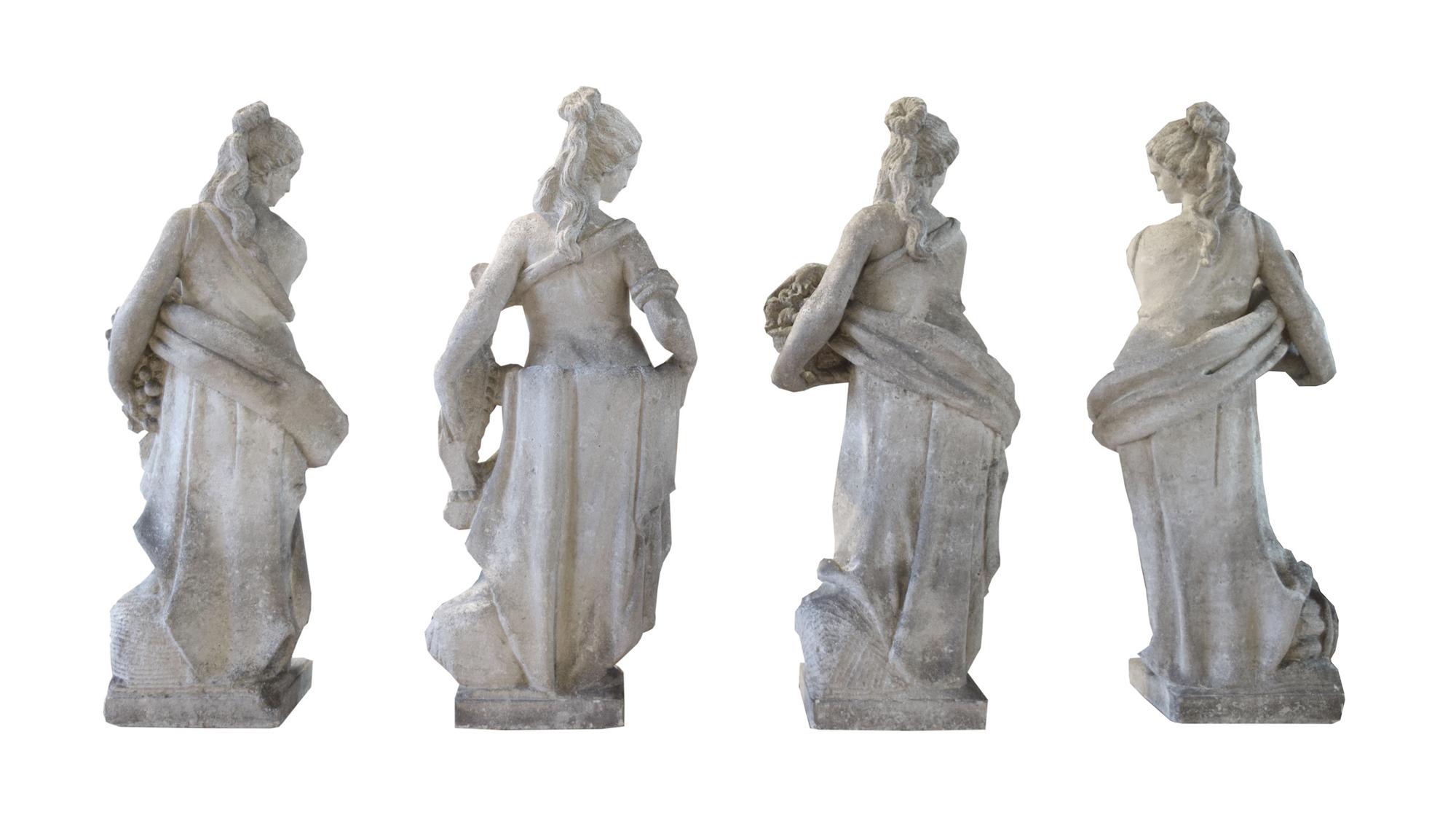 A Set of Four Carved Stone Statues Allegorical of the Seasons 14.5" W x 11" D x 35" H, 14.5" x 11" x 36", 13" x 11" x 35.25", 14" x 11. — Italian, Circa 1870