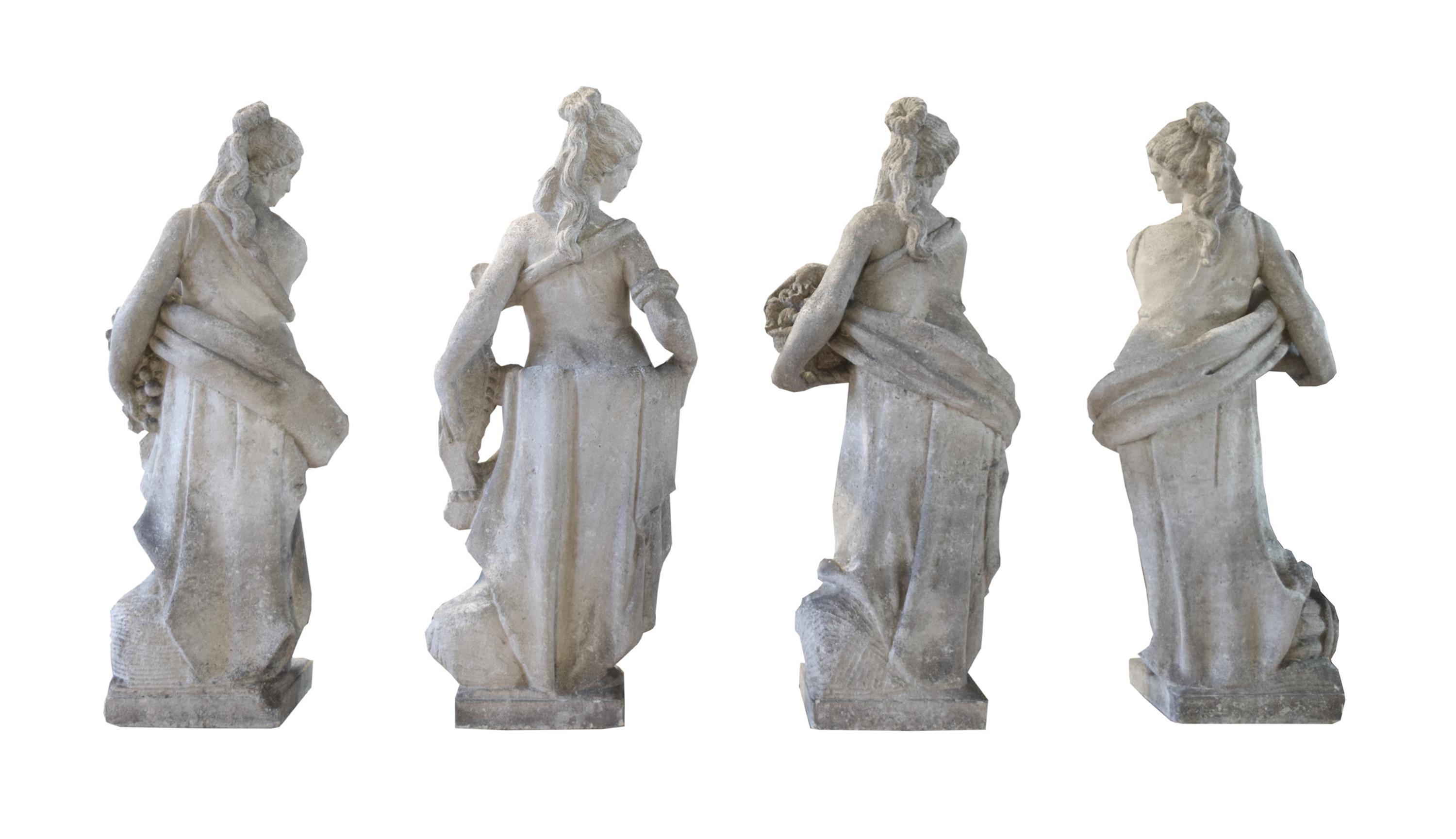 A Set of Four Carved Stone Statues Allegorical of the Seasons 14.5" W x 11" D x 35" H, 14.5" x 11" x 36", 13" x 11" x 35.25", 14" x 11. — Italian, Circa 1870