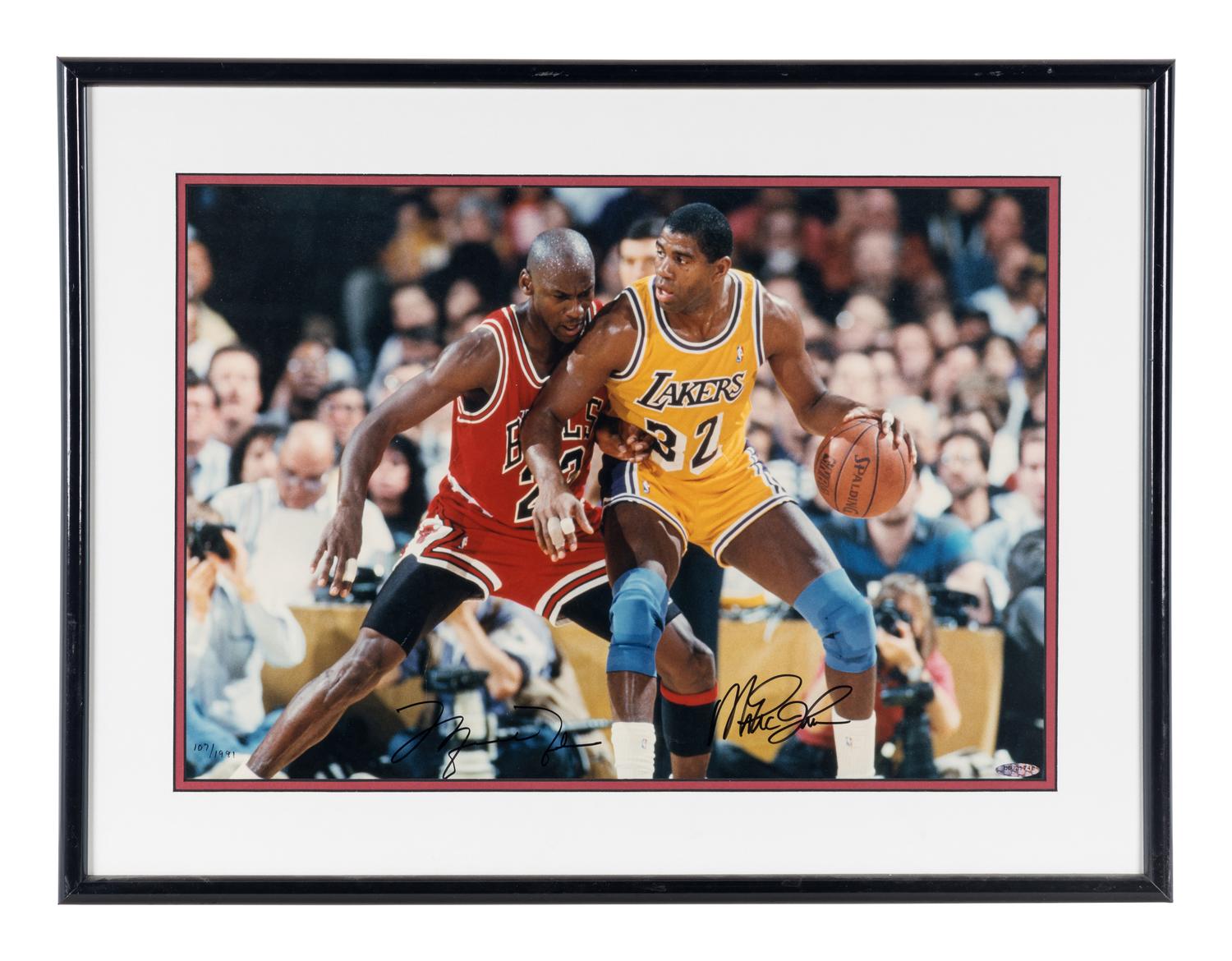 A Michael Jordan and Magic Johnson Signed Autograph Oversized Limited Edition Photograph (Beckett Authentication Services Letter, Upper Deck Hologram),