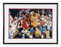 A Michael Jordan and Magic Johnson Signed Autograph Oversized Limited Edition Photograph (Beckett Authentication Services Letter, Upper Deck Hologram),