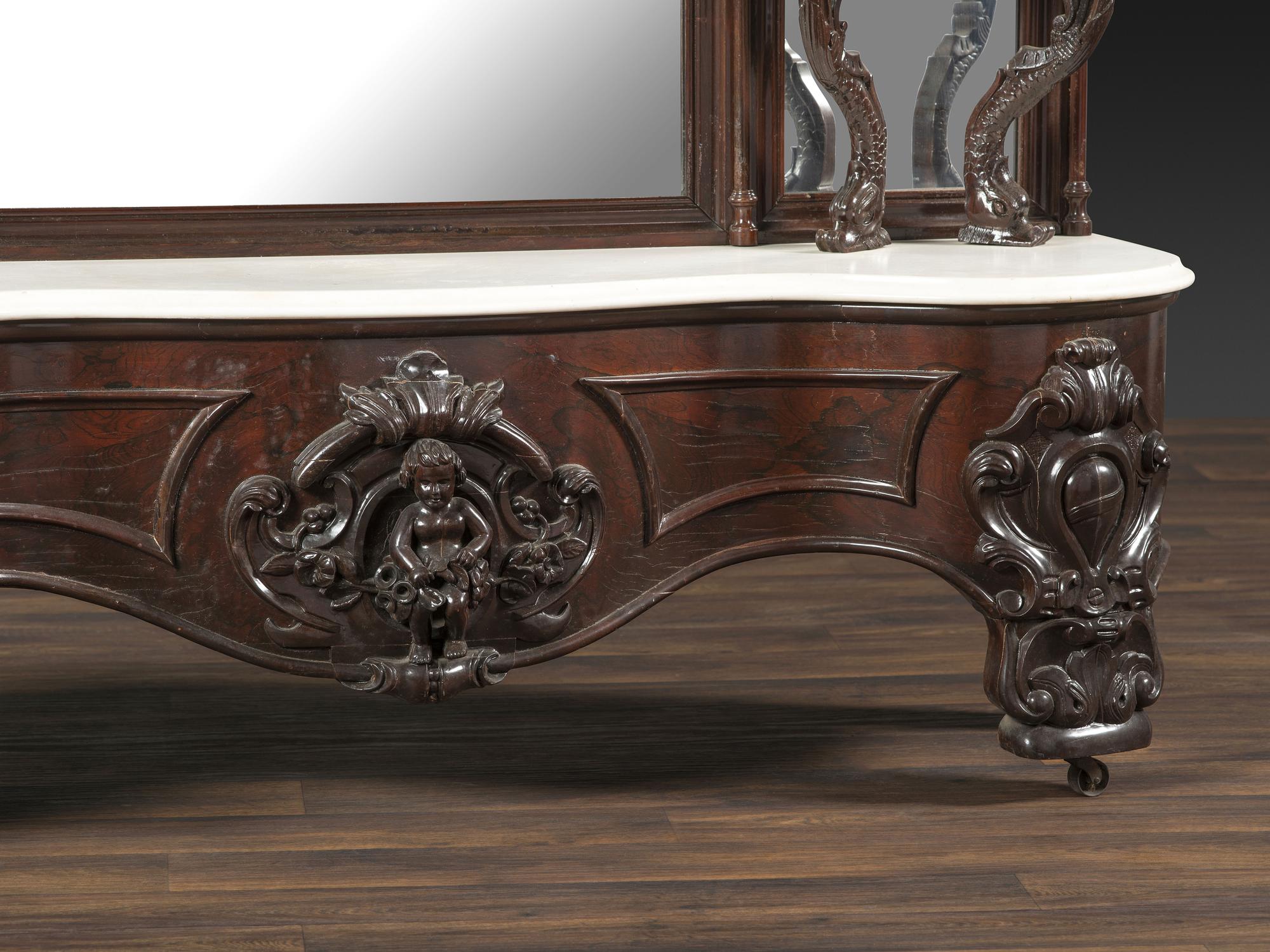 A Renaissance Revival Marble Mounted Carved and Laminated Rosewood Etagere