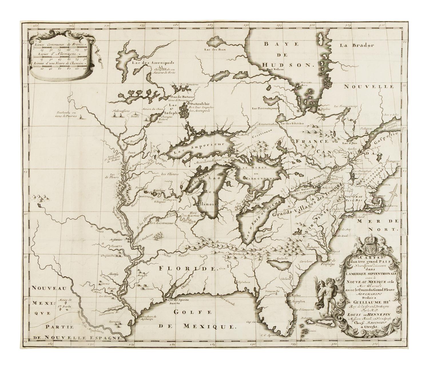[MAP]. HENNEPIN, Louis (1640-1704). Carte d'un tres grand pais nouvellement decouvert dans l'Amerique Septentrionale . Utrecht: G. Broedelet, 1697.