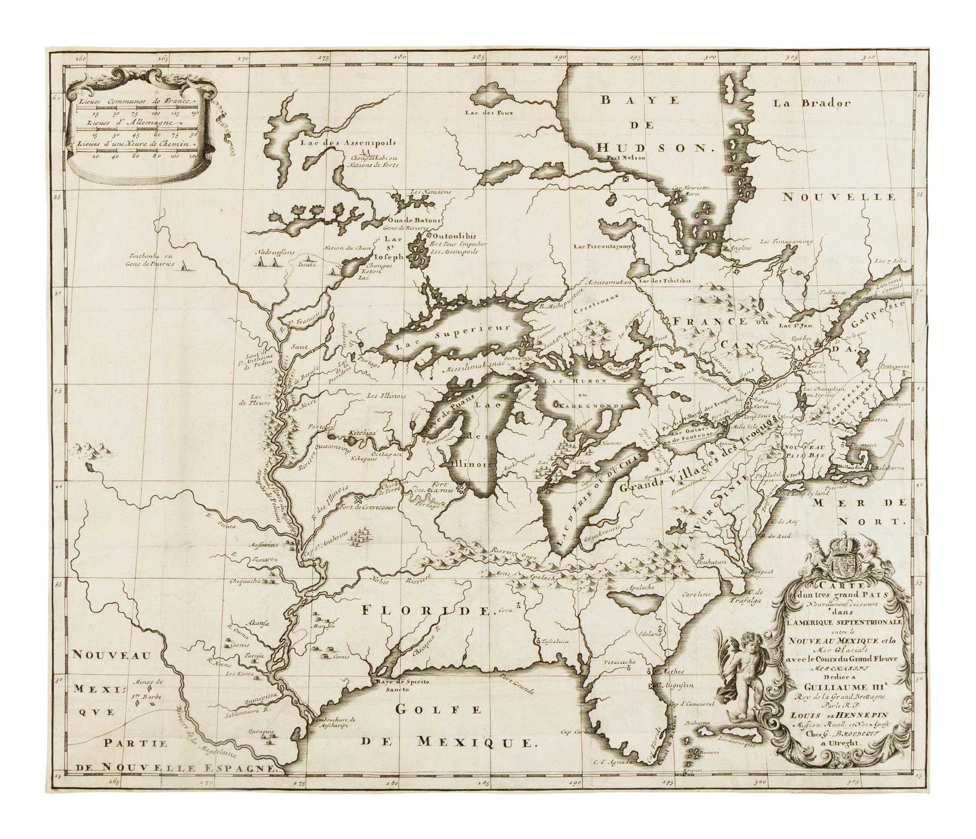 [MAP]. HENNEPIN, Louis (1640-1704). Carte d'un tres grand pais nouvellement decouvert dans l'Amerique Septentrionale . Utrecht: G. Broedelet, 1697.