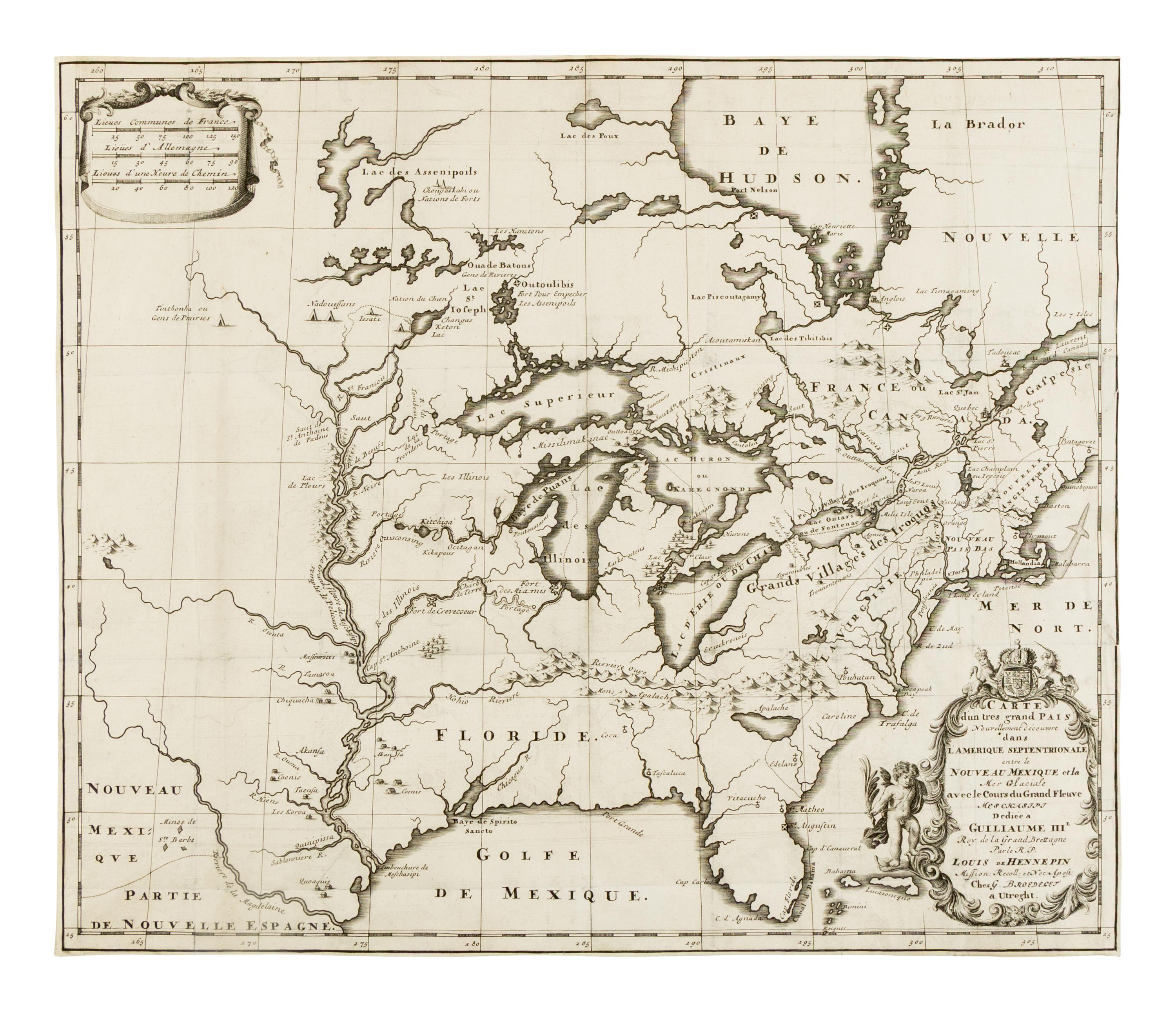 [MAP]. HENNEPIN, Louis (1640-1704). Carte d'un tres grand pais nouvellement decouvert dans l'Amerique Septentrionale . Utrecht: G. Broedelet, 1697.