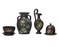 Six Wedgwood Enameled Basalt Capriware Table Articles