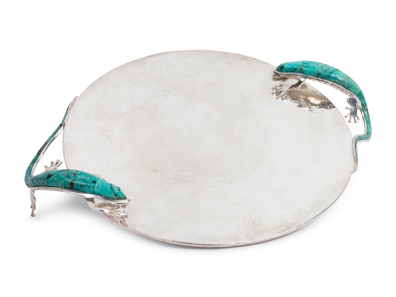 A Mexican Hardstone-Mounted Silver-Plate Tray