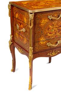 A Pair of Louis XV Style Gilt Bronze Mounted Marquetry Small Commodes