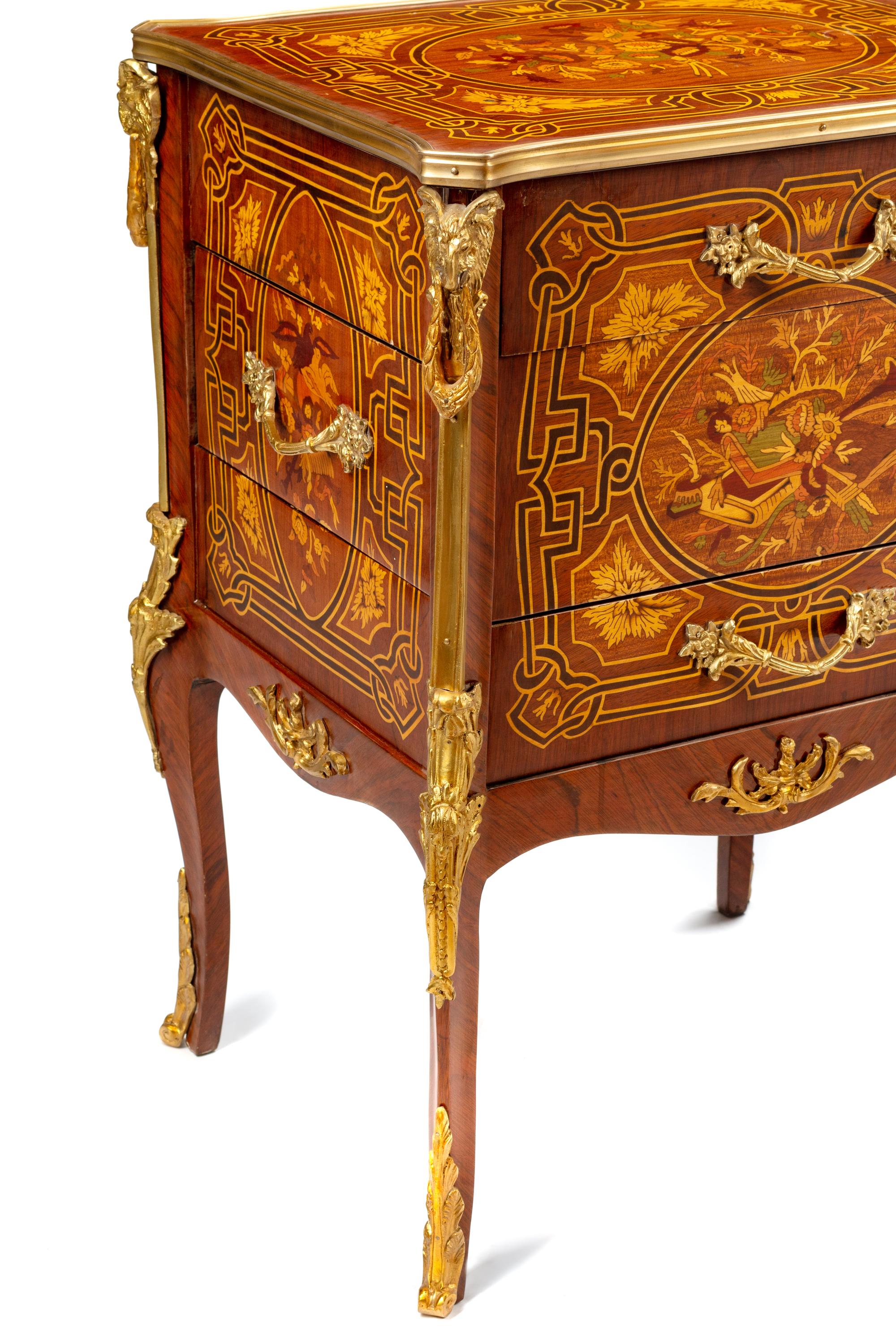 A Pair of Louis XV Style Gilt Bronze Mounted Marquetry Small Commodes