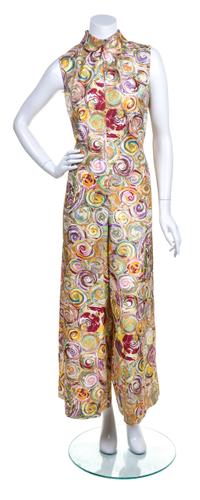A Multicolor Thai Silk Swirl Motif Jumpsuit,