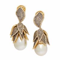 Yvel, Cultured Pearl, Colored Diamond, and Yellow Gold Earrings