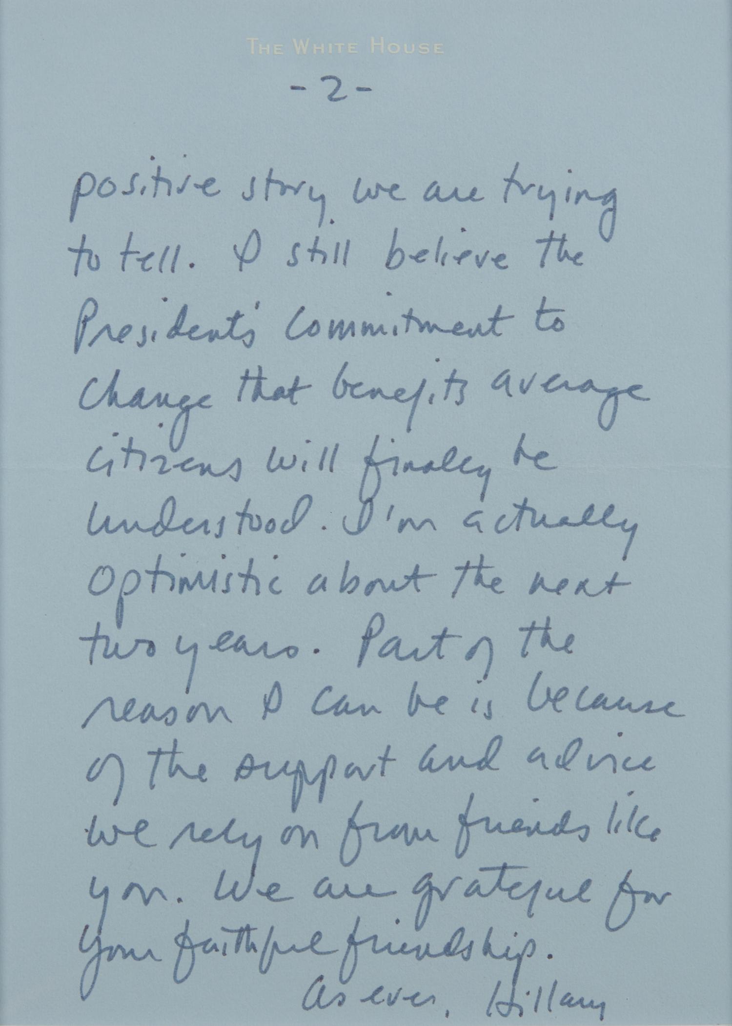 [Presidential] Clinton, Hillary Rodham. Autograph Letter, signed