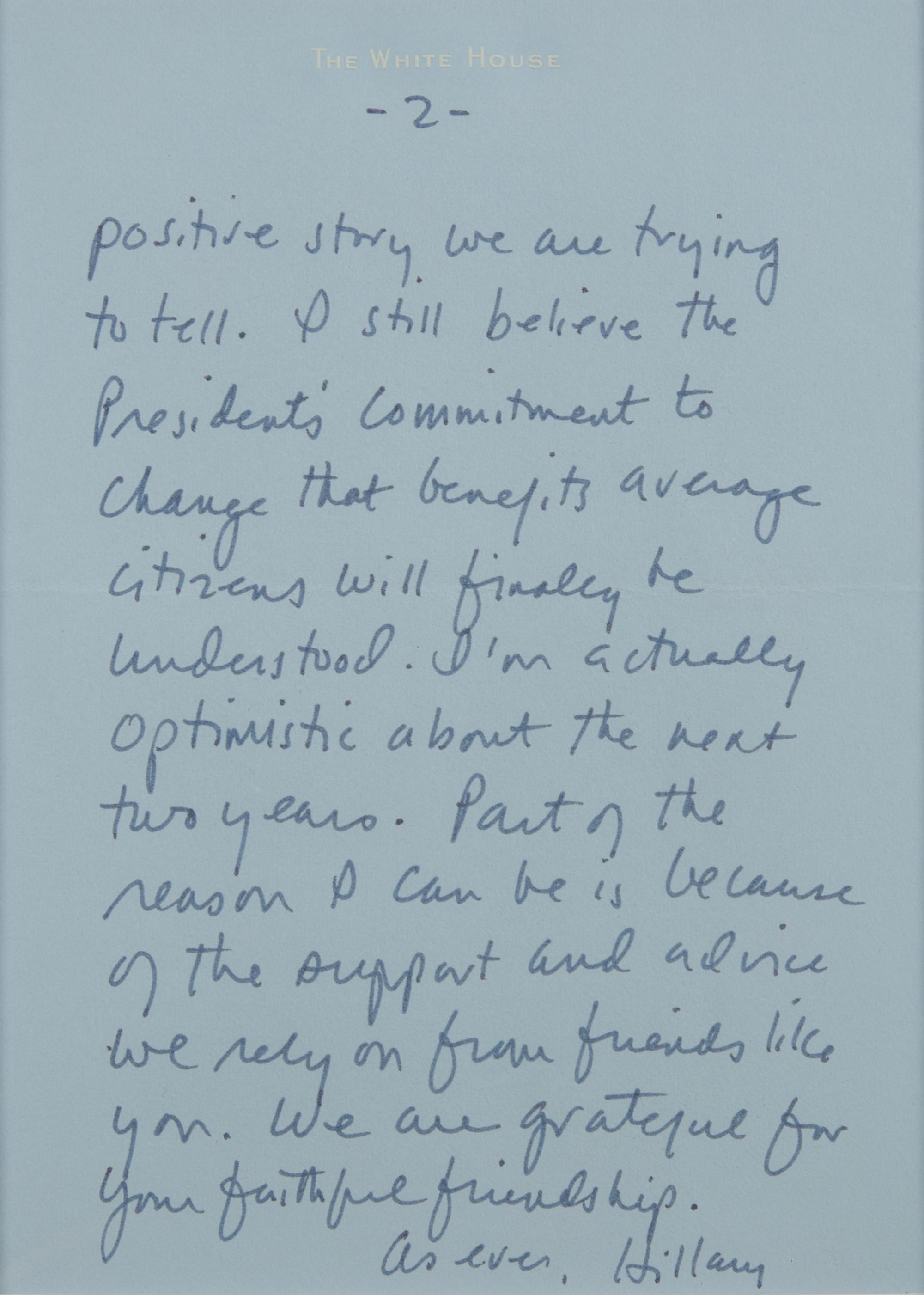 [Presidential] Clinton, Hillary Rodham. Autograph Letter, signed