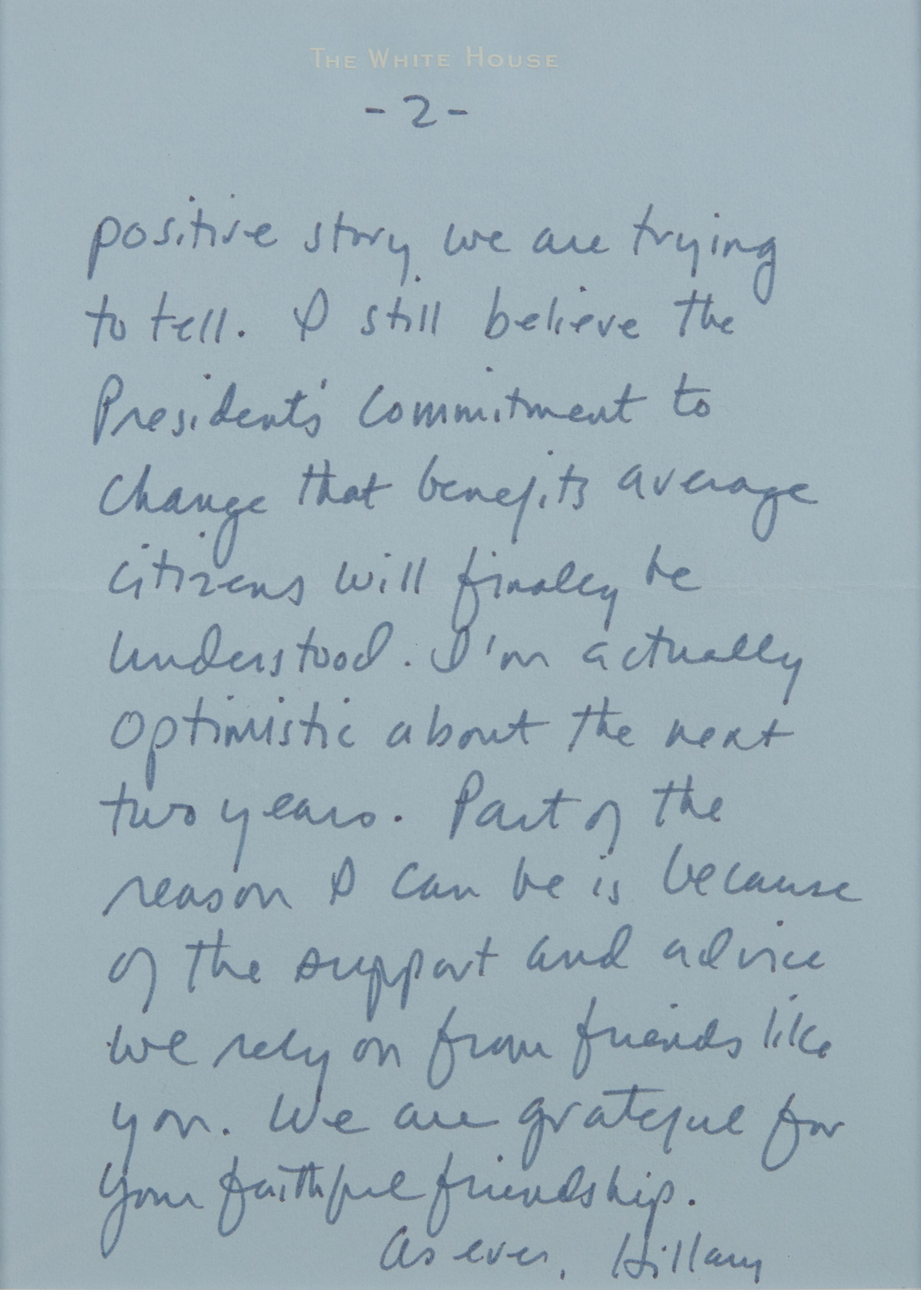 [Presidential] Clinton, Hillary Rodham. Autograph Letter, signed