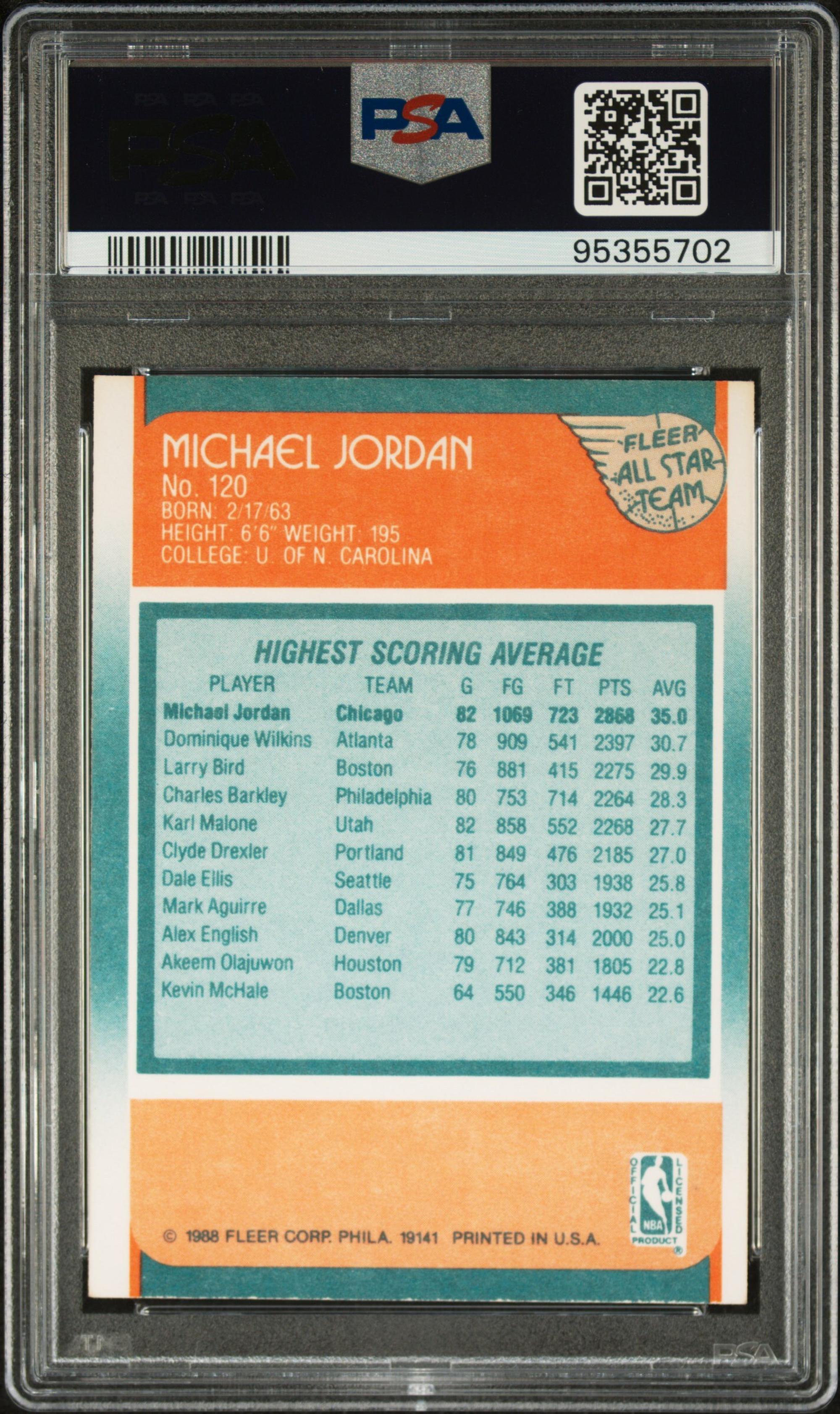 A 1988 Fleer Michael Jordan Basketball Card No. 120 (PSA 9 MINT)