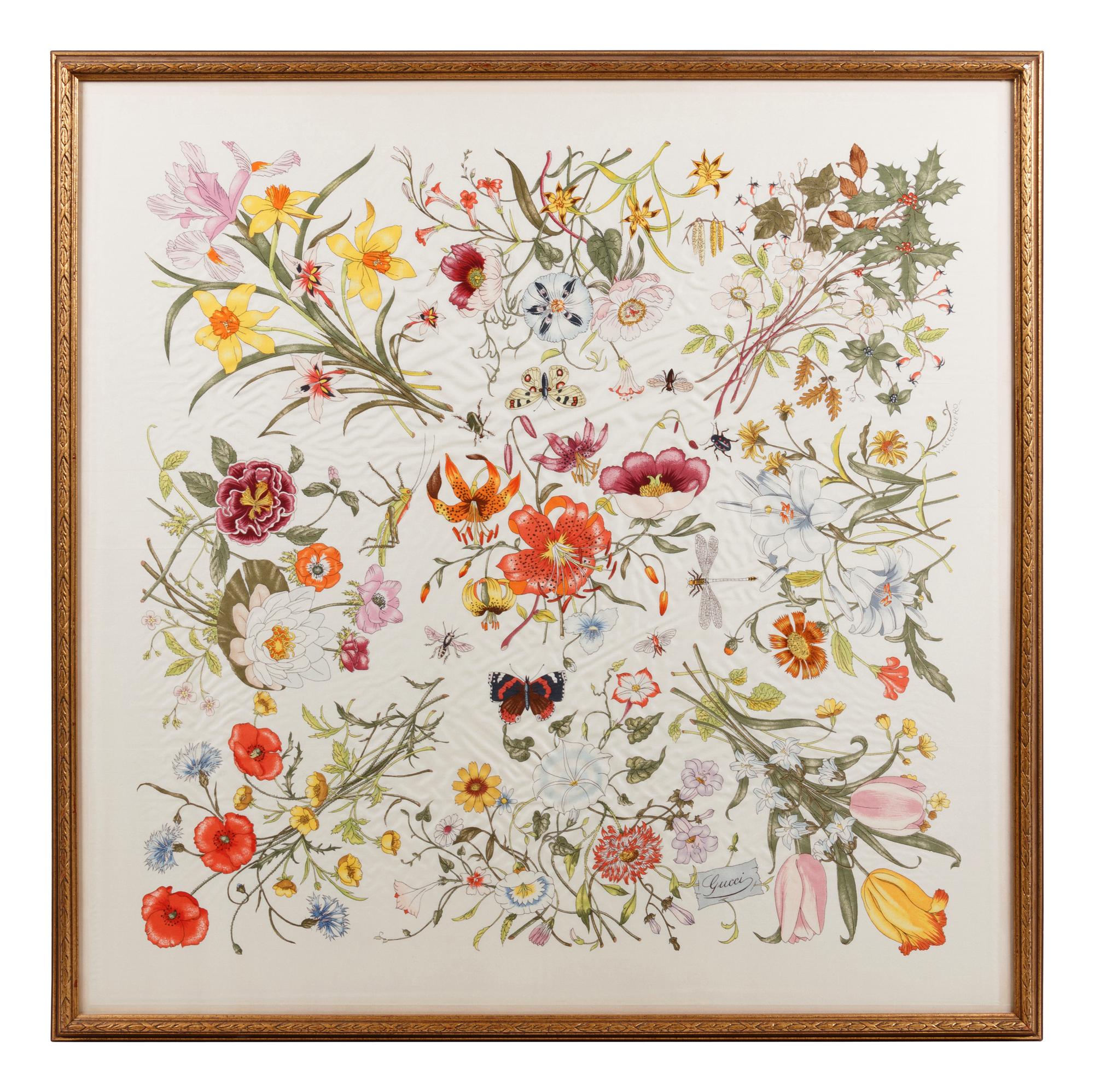 Two Framed Gucci Silk Scarves