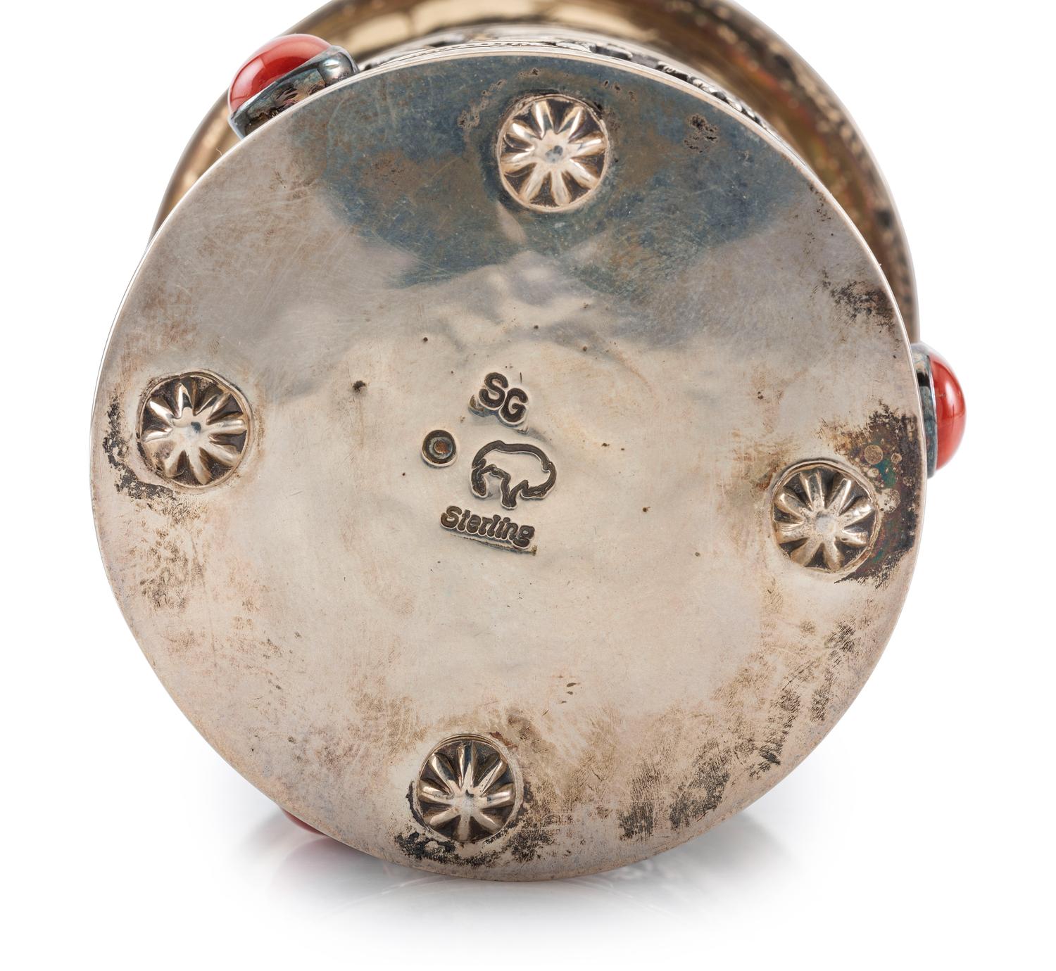 Stamped Sterling Silver Lidded Cases, with Turquoise and Coral Inlay