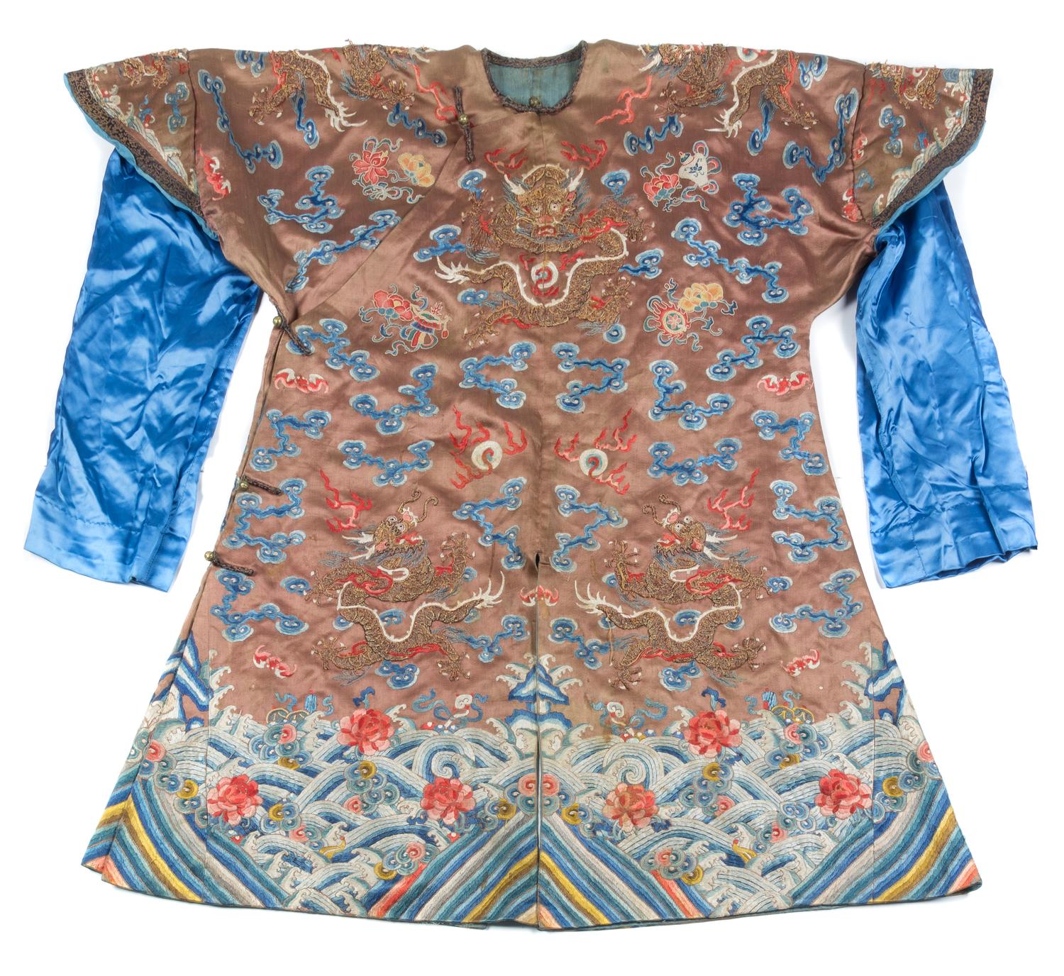 A Chinese Embroidered Silk Dragon Robe Height collar to hem 39 inches.
