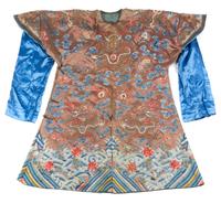 A Chinese Embroidered Silk Dragon Robe Height collar to hem 39 inches.