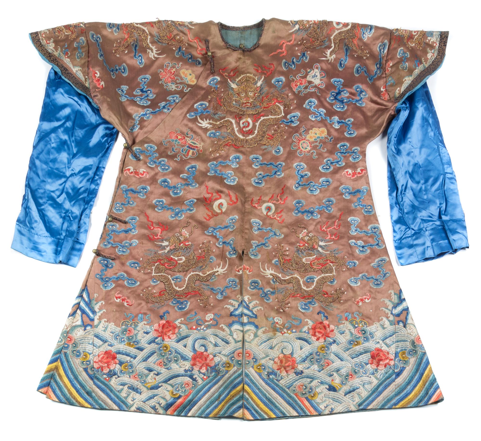 A Chinese Embroidered Silk Dragon Robe Height collar to hem 39 inches.